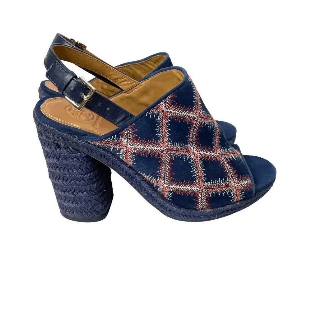Tory Burch Trinity suede embroidered block heel‎ sandals heels Size 8.5 blue